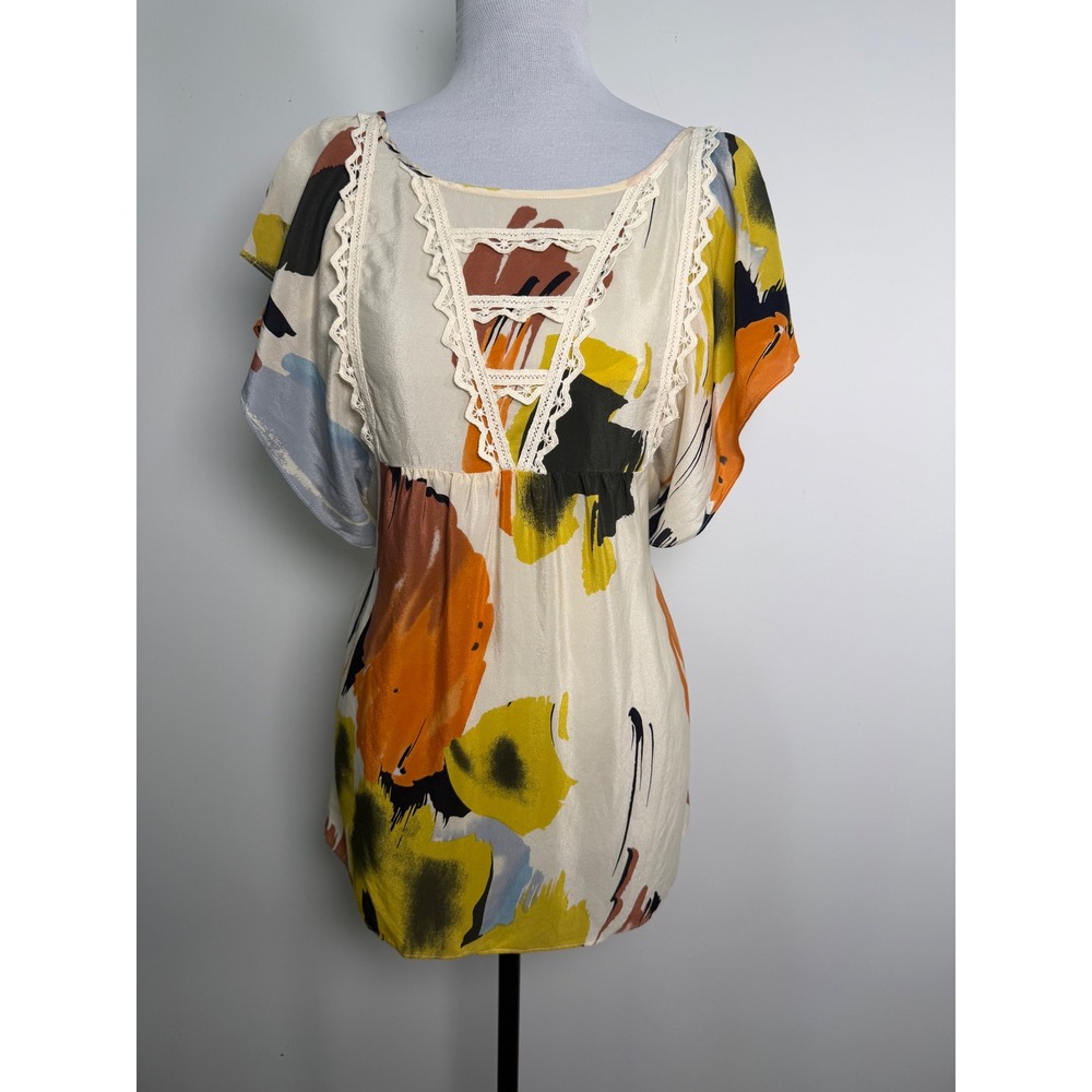 Edme & Esyllte Anthropologie 100% Silk Abstract Lace Trim Tunic Top Womens 4